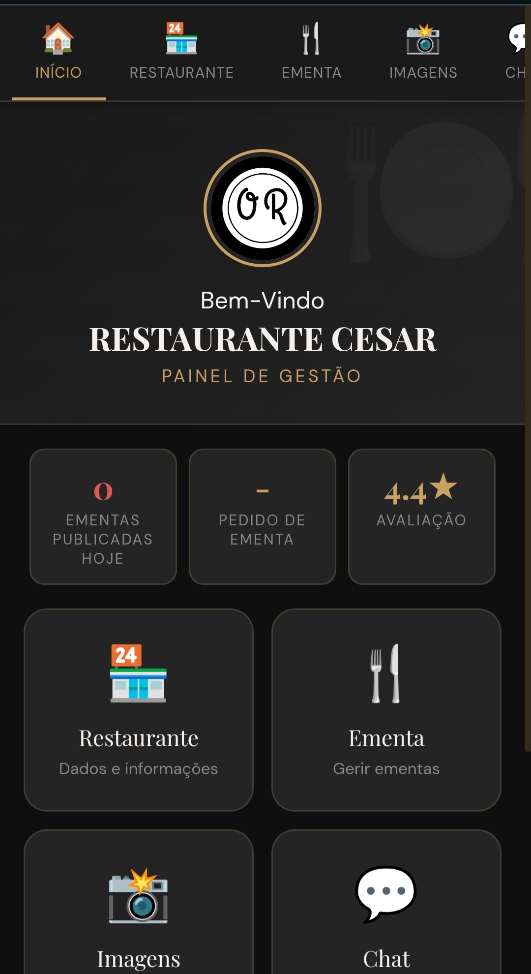 Ecrã de Gestão OsRestaurantes App (Tablet)